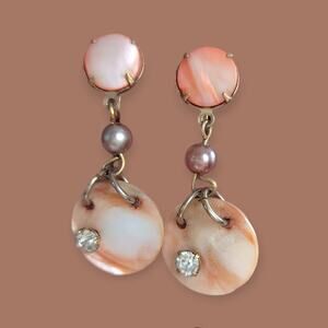 60s Vintage Shell & Rhinestone Dangle Earrings screwback